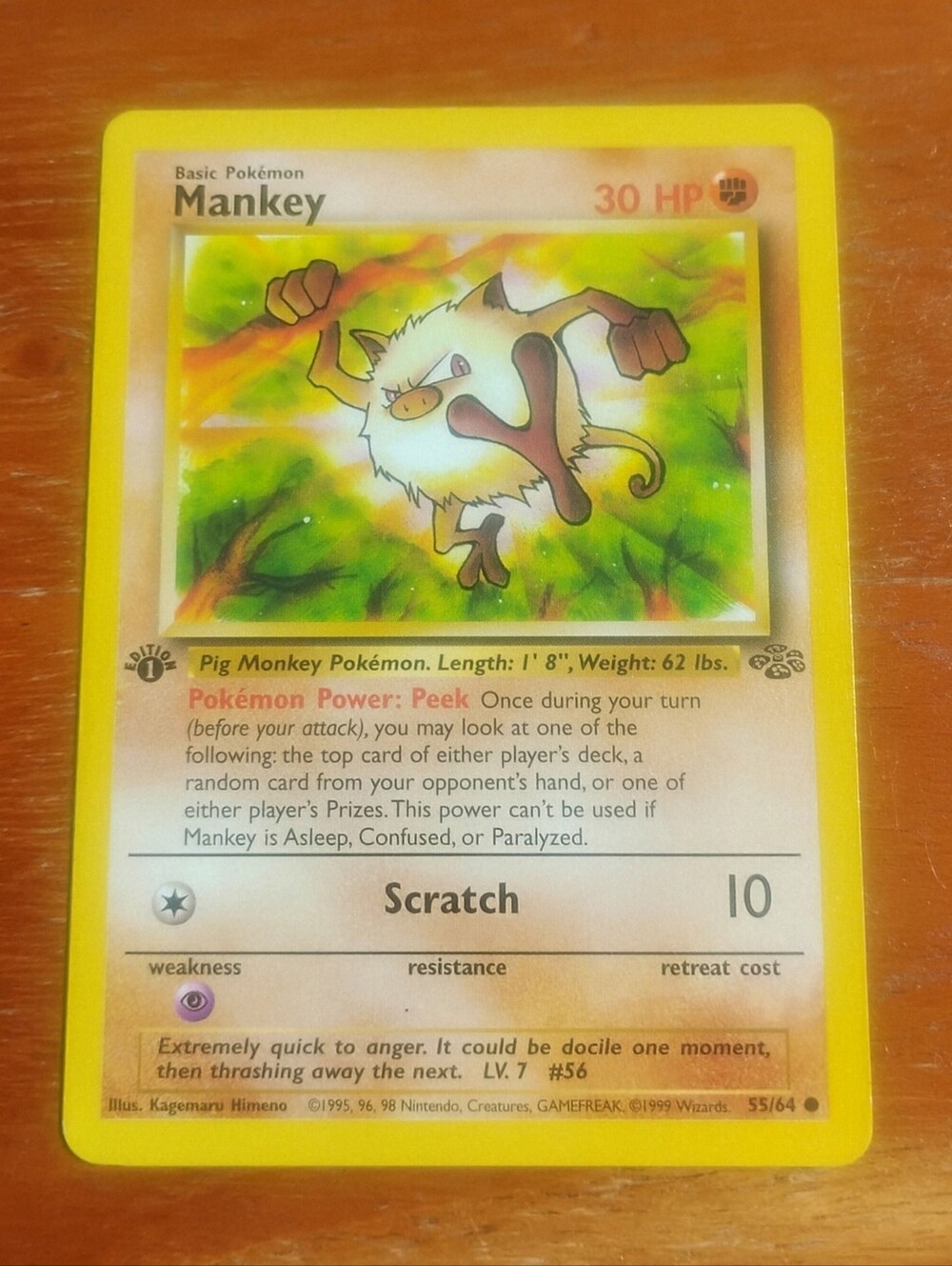 LP WOTC 1999 1st Edition Mankey 55/64 Jungle Set Pokemon Card